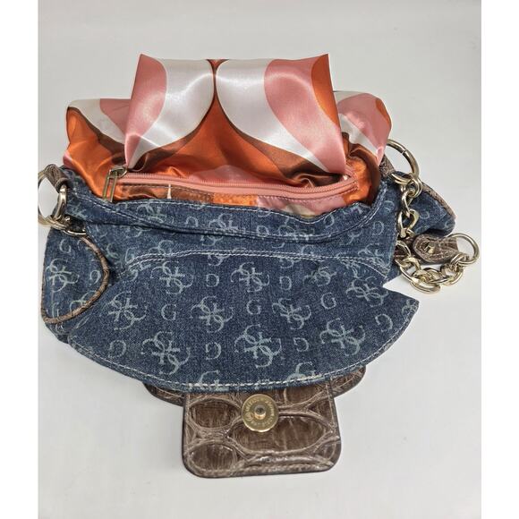 Vintage Y2K Guess Denim Croc Embossed Buckle Bag Gold Chain Vegan Leather Blue - Picture 13 of 16